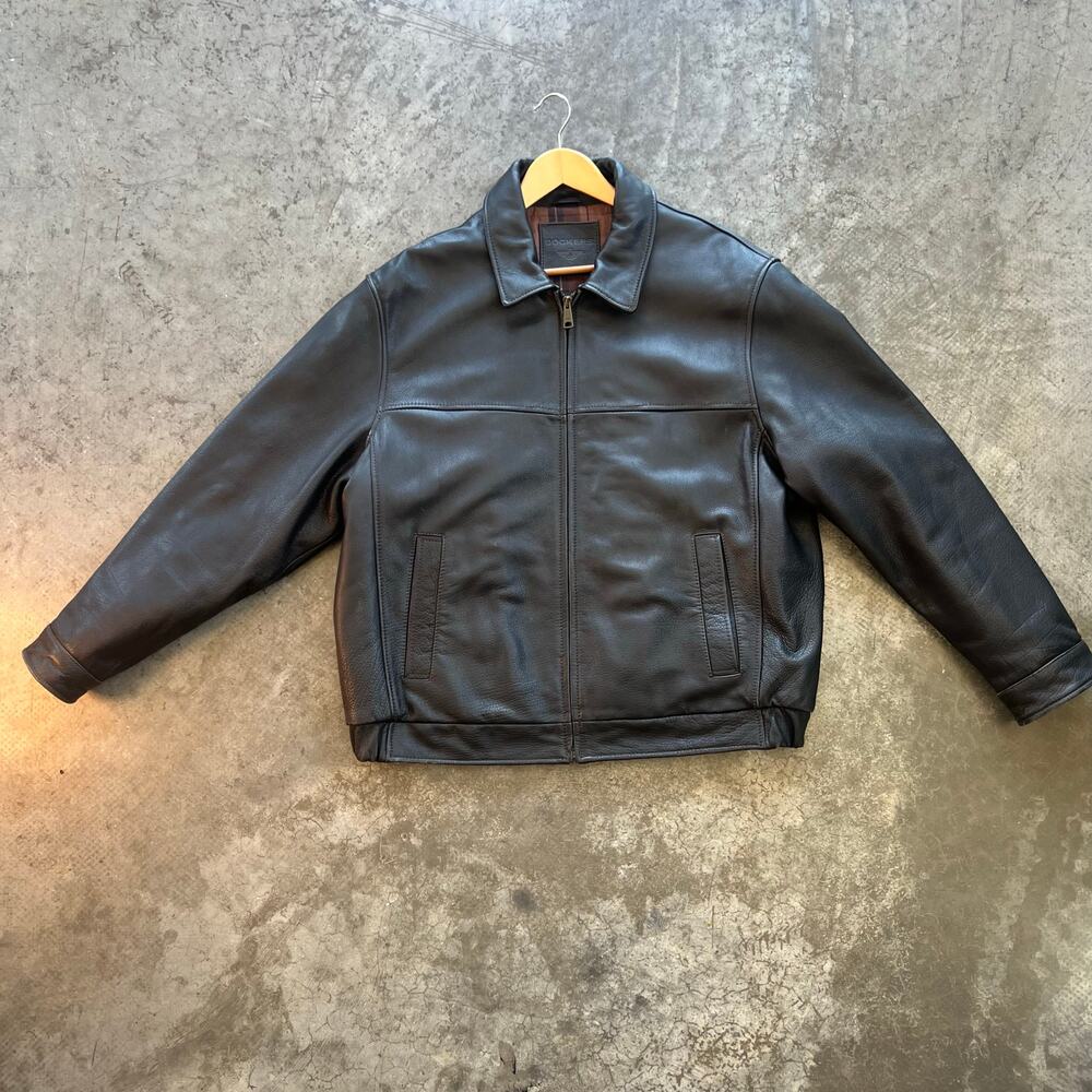 DOCKERS Heavyweight Leather Bomber Jacket XL Black NY Style Plaid Lined